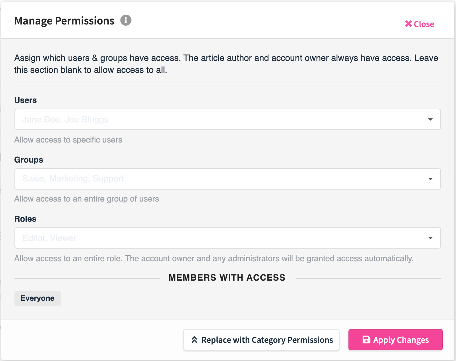 Manage article permissions modal