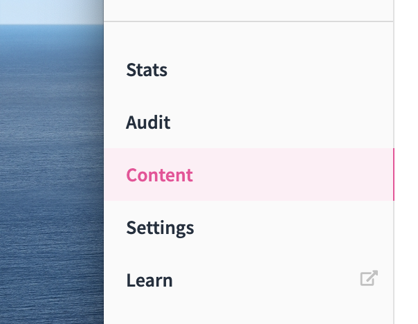 HelpDocs app navigation with (from top to bottom) Stats, Audit, Content, Settings, and new tab Learn.