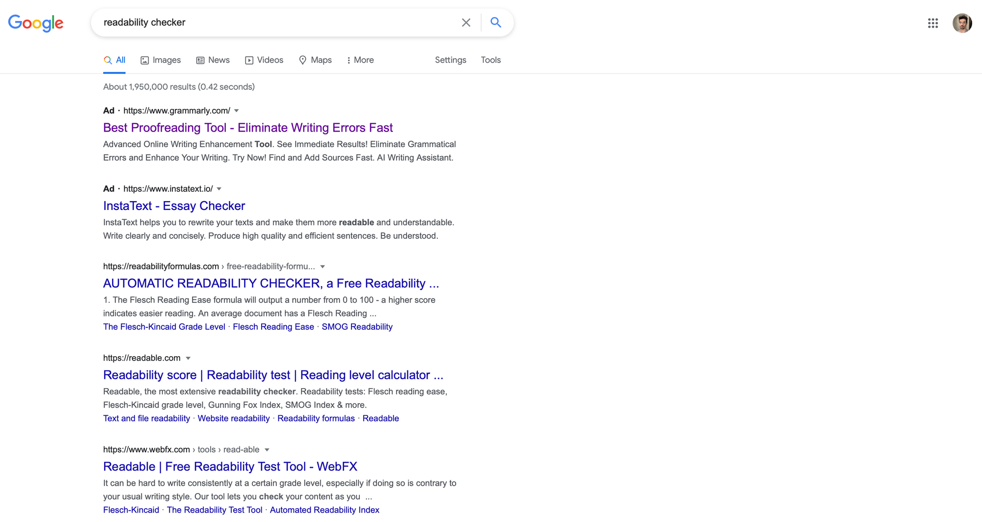 A Google results page for the term readability checker