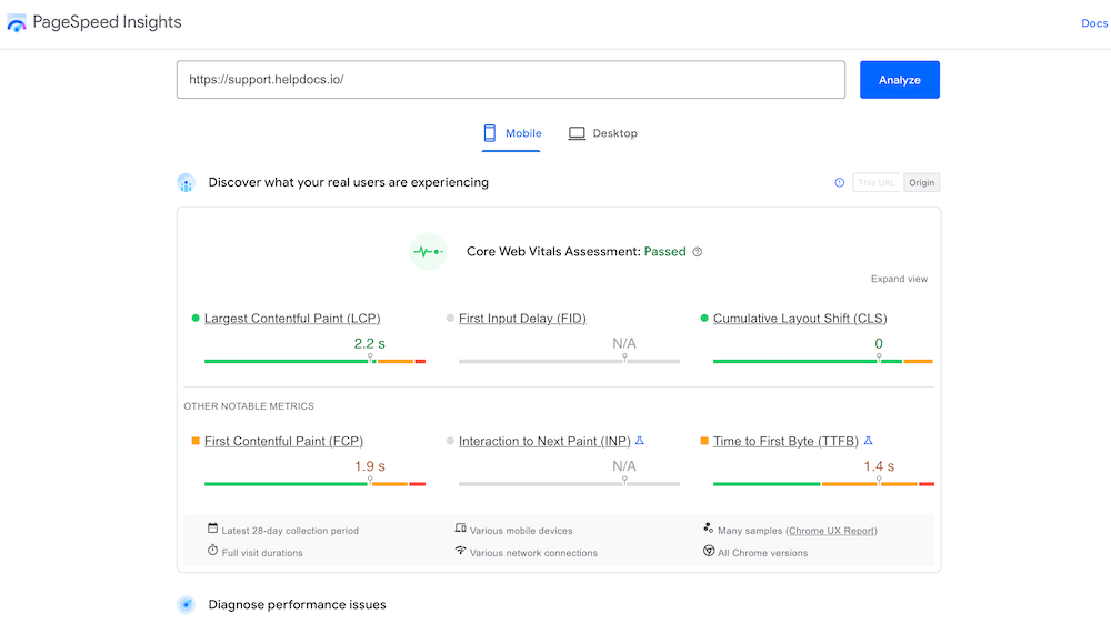 An audit of our Knowledge Base on mobile with a passed mark.