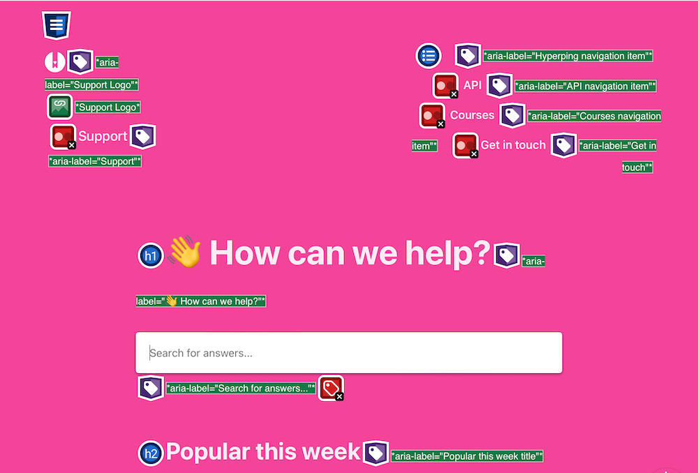 Labels showing tags and elements on the page for our Knowledge Base using the WAVE tool.