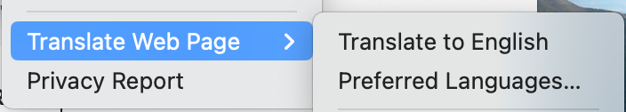 A menu in Safari with "Translate Web Page >" selected