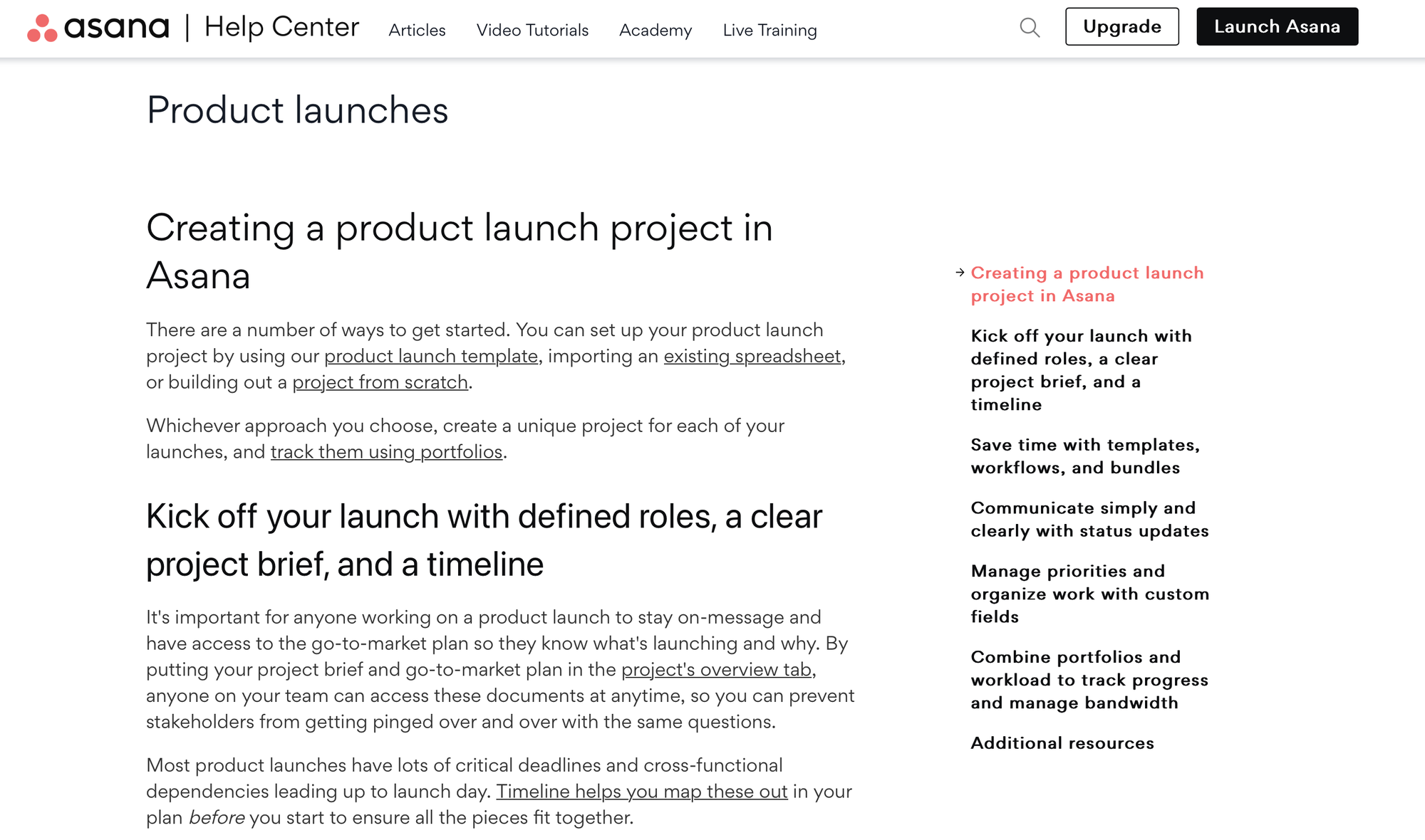 Screenshot of Asana article for product launches