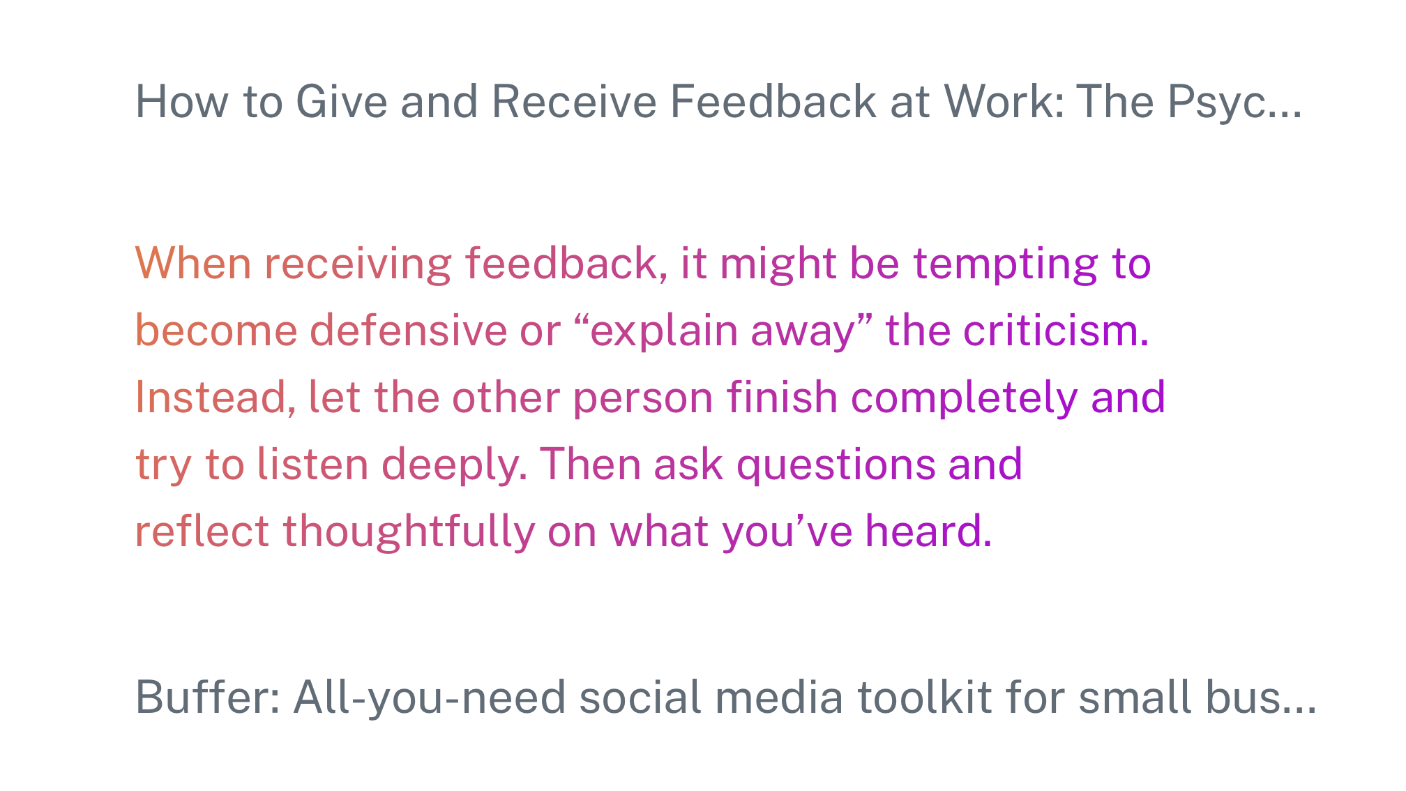 An image of a quote from Courtney. It says: "When receiving feedback, it might be tempting to become defensive or 'explain away' the criticism."