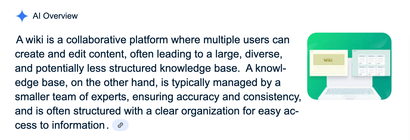 A screenshot of a Gemini AI Overview based on the question "What's the difference between a wiki and knowledge base?".